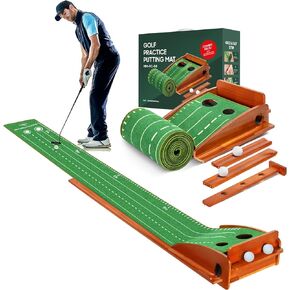 Putting Green, Indoor Putting Green with Ball Return, 2 Hole Training Indoor Putting Mat, Solid Wood Base with 2 Balls, Putting Green Indoor Set, Best Gift Practice Training Aid Home Office Backyard