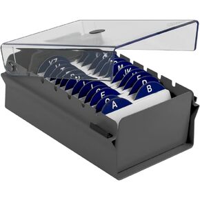 Acrimet Index Business Card Size File Holder Organizer Metal Base Heavy Duty (AZ Index Cards and Divider Included) (Gray Color with Clear Crystal Plastic Lid Cover)