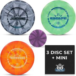 Dynamic Discs Prime Burst 3 Disc Golf Starter Kits for Men, Women, and Kids, Putter, Midrange, Driver, Bonus Mini Disc, Weight Ranges 170-176, Beginner Frisbee Golf Set