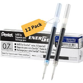 Pentel Energel 0.7 Refill Ink for BL57 & BL77 Pens, Box of 6 Black and 6 Blue (12 Total) 0.7mm, Metal Tip, LR7 Refill is Also Used for BL407 Pen