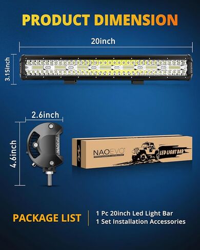 شريط إضاءة LED مقاس 20 بوصة من NAOEVO، قضبان LED للضباب/الطرق الوعرة/أضواء القيادة، مجموعة مصابيح عمل LED بقدرة 42000 لومن لشاحنة السيارة ATV UTV قارب جيب عربة الجولف، قطعة واحدة (أبيض) in Kuwait