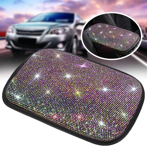 SUHU Bling Car Armrest Cover Cute Charming Auto Center Console Protective Cover Luster Crystal Rhinestone Car Arm Rest Cushion Pad Bling Car Interior Accessory (Multicolor) 12.2 x 8.7 Inch 3 in Kuwait