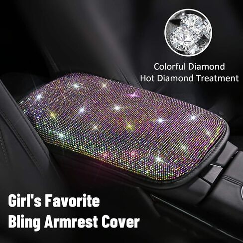 SUHU Bling Car Armrest Cover Cute Charming Auto Center Console Protective Cover Luster Crystal Rhinestone Car Arm Rest Cushion Pad Bling Car Interior Accessory (Multicolor) 12.2 x 8.7 Inch 3 in Kuwait