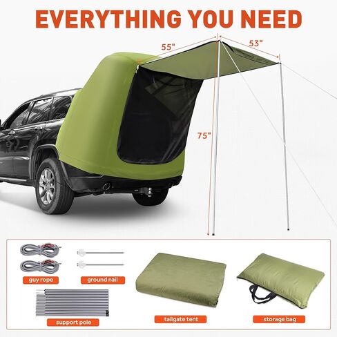 SUV Tailgate Tent, Car Camping Tent with Awning Shade, Car Roof Canopy and Poles, Green Waterproof Car Tent for Outdoor Travel Preferred, Universal Fit Most SUV in Saudi Arabia