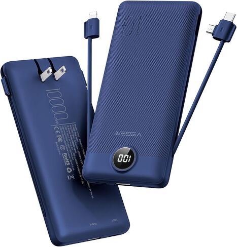 شاحن محمول VEGER لهاتف iPhone مع كابلات مدمجة ومقبس حائط، بنك طاقة USB C سريع الشحن بقدرة 10000 مللي أمبير في الساعة، حزمة بطارية أساسية للسفر متوافقة مع iPhone وiPad وSamsung وما إلى ذلك (كحلي) in Kuwait