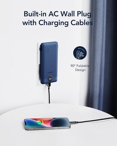 شاحن محمول VEGER لهاتف iPhone مع كابلات مدمجة ومقبس حائط، بنك طاقة USB C سريع الشحن بقدرة 10000 مللي أمبير في الساعة، حزمة بطارية أساسية للسفر متوافقة مع iPhone وiPad وSamsung وما إلى ذلك (كحلي) in Kuwait