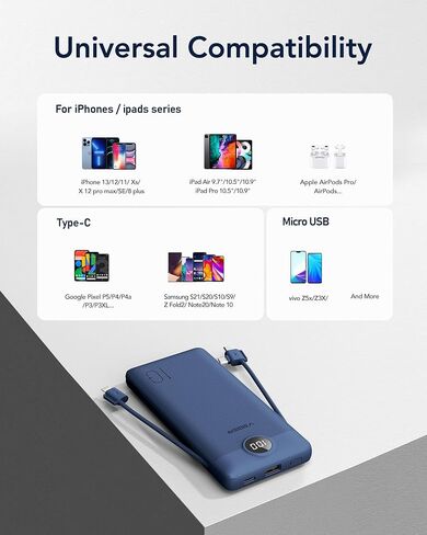 شاحن محمول VEGER لهاتف iPhone مع كابلات مدمجة ومقبس حائط، بنك طاقة USB C سريع الشحن بقدرة 10000 مللي أمبير في الساعة، حزمة بطارية أساسية للسفر متوافقة مع iPhone وiPad وSamsung وما إلى ذلك (كحلي) in Kuwait