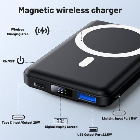 AOGUERBE لحزمة بطارية Magsafe، شاحن متنقل لاسلكي بقدرة 10000 مللي أمبير في الساعة بقدرة 15 وات، شاشة LED وحامل قابل للطي ومدخل إضاءة، شاحن مغناطيسي نحيف لسلسلة iPhone 15/14/13/12 - أسود in Saudi Arabia
