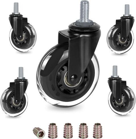 Replacement Office Chair Caster Wheels by 8T8, Set of 5, Rubber Chair Casters with Threaded Stem 3/8''-16X1"(NOT Metric M10), Quiet and Smooth Gliding,Safe for Woood Hardwood Carpet Floors in Saudi Arabia