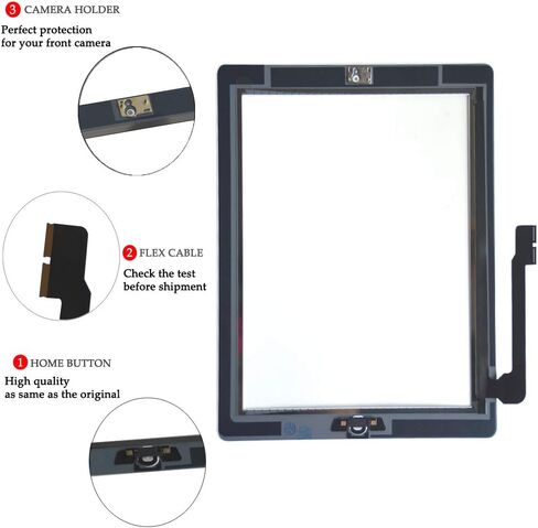 متوافق مع جهاز iPad الجيل الثالث من استبدال محول الأرقام الزجاجية لشاشة اللمس، وزر الصفحة الرئيسية المرن، والشريط اللاصق، ومجموعة أدوات الإصلاح (أسود) in Kuwait