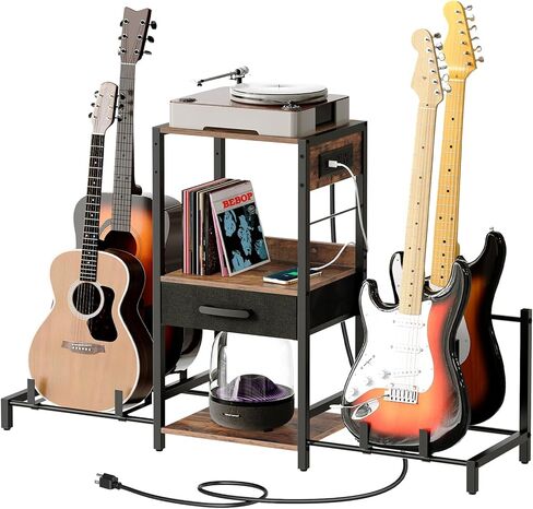 حامل جيتار صوتي 4 حامل، جيتار كهربائي، باس، حامل رف جيتار متعدد، أرضية قابلة للتعديل للقيثارات، ملحقات أمبير الجيتار، لاستوديو الموسيقى المنزلي، بني ريفي GSHR33E01 in Kuwait