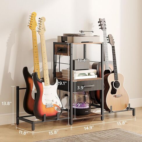 حامل جيتار صوتي 4 حامل، جيتار كهربائي، باس، حامل رف جيتار متعدد، أرضية قابلة للتعديل للقيثارات، ملحقات أمبير الجيتار، لاستوديو الموسيقى المنزلي، بني ريفي GSHR33E01 in Kuwait