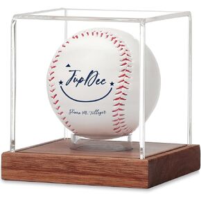 JupDec Baseball Display Case, Clear Cube Baseball Holder with Wooden Base, Autograph Baseball Stand Box for Single Ball, Acacia Wood, Brown, 1 Pack