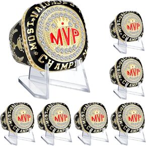 Misdary 6 Pcs Championship Rings with Holder Most Valuable Player Greatest of All Time Trophy Gold Ring Award Gift Prize for Football Baseball Soccer Basketball Tournament Winner Gift