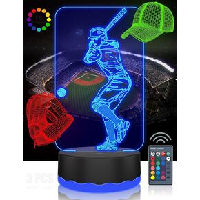 3 Pcs 3D Baseball Night Light, Shine Up and Down Color Night Light, Baseball Player, Baseball Cap, Baseball Glove, Boys Baseball Fan Christmas Gift