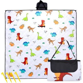 Picnic Blankets (Extra Large 80in x 80in), Cute Dinosaur Picnic Mat with Stakes for 6 to 8 Adults, Beach Blanket with Shoulder Strap for Grass Concert Lawn Travel Camping Park Beach