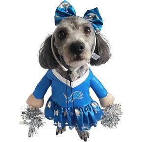 NFL Detroit Lions Officially Licensed Cheer Dog Costume by MODERN HERO Includes Dress with Faux Stuffed arms and Tinsel pom-poms and Satin Bow Headband, Size XL