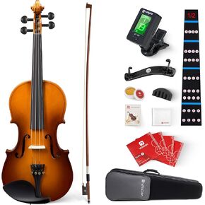 Vangoa Violin 1/2 Size Set Fiddle, Handcrafted Half Size Starter Acoustic Violins Kit with Solid Wood Side Board, Lightweight Hard Case for Beginners Learners, Children, Kids, Adults, Right Handed