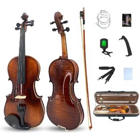 Violin 4/4 Full Set Fiddle Violin for Beginners Solid Wood Violins with Hard Case Violin Bow Shoulder Rest Violin Strings Flame Maple Spruce wood(4/4 Brown)
