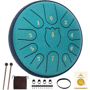 Rain Drum for Outside Garden,Steel Tongue Drum 6 Inche 11 Note Steel Drums Rain Chime,Raindrop Drum,with Soft Bag,Music Book,2 Mallets(green)