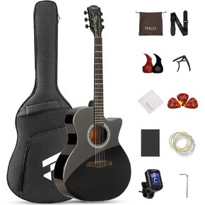 41" Acoustic Guitar Kit for Beginner: 4/4 Full Size Cutaway Acustica Guitarra Bundle for Adult Teen with Gig Bag, Tuner, Strap, Strings, Picks, Capo, FF60, Black
