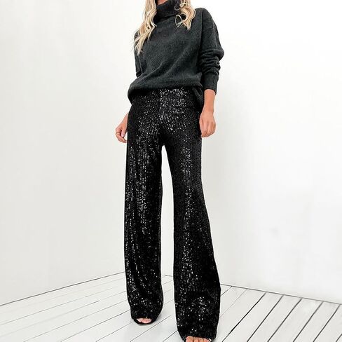 ODIZLI Womens Wide Leg Sparkle Sequin Pants Elastic High Waisted Bling Glitter Dance Pants in Kuwait