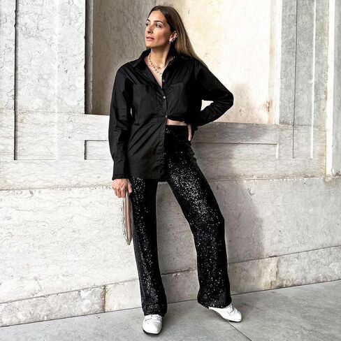 ODIZLI Womens Wide Leg Sparkle Sequin Pants Elastic High Waisted Bling Glitter Dance Pants in Kuwait