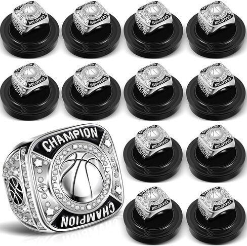Remuuly 12 Pcs Basketball Champion Rings Basketball Champion Trophy Rings Award Gift Prize with Display Neck Chain and Stand for Basketball Tournament or Champion Winner in Kuwait