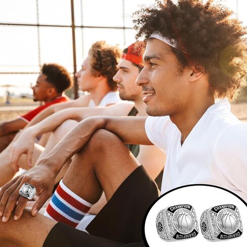 Remuuly 12 Pcs Basketball Champion Rings Basketball Champion Trophy Rings Award Gift Prize with Display Neck Chain and Stand for Basketball Tournament or Champion Winner in Kuwait