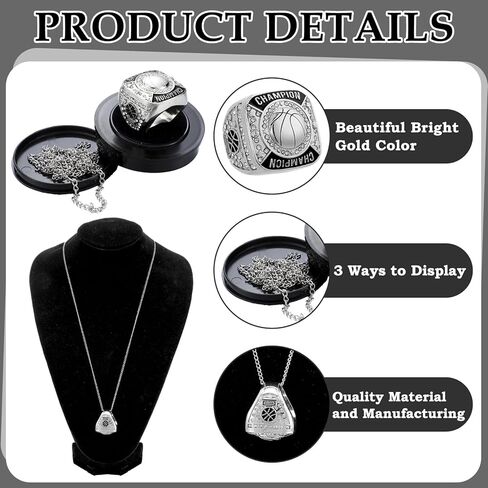 Remuuly 12 Pcs Basketball Champion Rings Basketball Champion Trophy Rings Award Gift Prize with Display Neck Chain and Stand for Basketball Tournament or Champion Winner in Kuwait