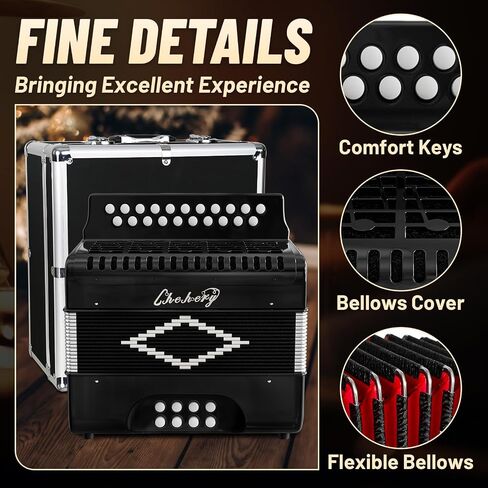 Accordion, 21 Keys 8 Bass Accordion, Adult Accordion, Push-Pull Heterophonic Accordion, B/C Tone Accordion for Professional Players and Beginners (21 keys Accordion（Black）) in Kuwait