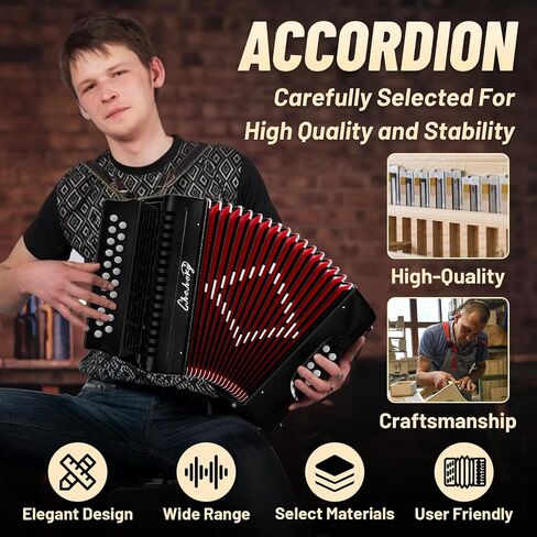 Accordion, 21 Keys 8 Bass Accordion, Adult Accordion, Push-Pull Heterophonic Accordion, B/C Tone Accordion for Professional Players and Beginners (21 keys Accordion（Black）) in Kuwait