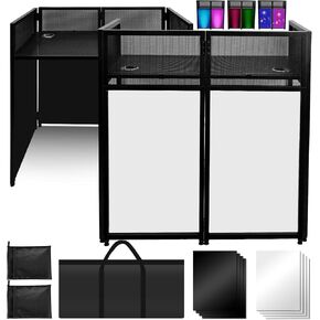 Portable DJ Booth 40" x 20", DJ Facade Table with Black/White Light Scrims, Foldable DJ Stand for Laptop and Controller,with Carry Bag, Cable Hole, Perfect for Bars, Clubs, Party, Private Events