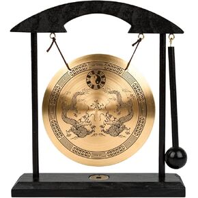 Mose Cafolo Zen Art Brass Feng Shui Desktop Table Gong, Dragon with Taiji Symbols, Makes Clear Sound, Collectible Figurines