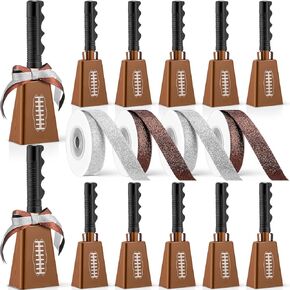 12 PCS 9'' Cowbell with Handle Football Steel Cheering Cow Bells Noise Maker with 4 Rolls Ribbons Large Loud Cow Hand Bells for Sport Events Football Soccer Games Party Concert