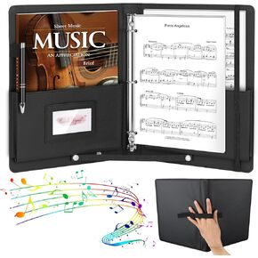 YOTINO Sheet Music Folder, 3 Ring Choral Muisc Folder,13"x10.2" PU Leather Music Binder Black with Elastic Band and Handle Fits Letter Size 8.5 x 11 inch