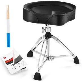 Vangoa Drum Throne Heavy Duty Height Adjustable Motorcycle Style Drum Stool Seat Rotatable Swivel Padded Double-Braced Drummer Chair for Adults with Anti-Slip Feet and 5A Drumsticks