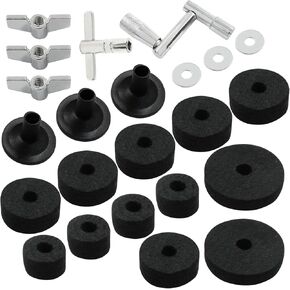 Piutouyar 23 Pcs Black Cymbal Replacement Accessories Set, Cymbal Stand Felts Hi-Hat Cup Felt Hi-Hat Clutch Felt with Cymbal Sleeves with Base, Wing Nuts, Cymbal Washer, and Drum Key