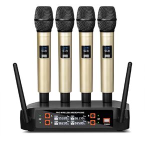 Depusheng DX4 Wireless Microphone with 4 Professional UHF Dynamic Mic Cordless Handheld Microphone System for Karaoke Singing Party Church Wedding PA Speaker