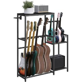 Guitar Stand, Multi-Guitar Rack, for Acoustic, Electric Guitar, Bass, Ukulele, Banjo, for 5 Guitars, Guitar AMP Stand, Record Rack, with Guitar Accessory Holder, EVA Cover, for Home Studio, Black GSHB8501
