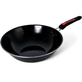 Carbon Steel Wok Traditional Hand Hammered Wok,14 Inch,Round Bottom (Steel)