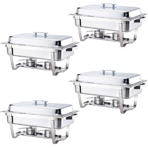 Chafing Dish Set, 8 Qt 4-Pack – No Assembly, Satin Finish Stainless Steel with Full-Size Pans, Lids, Water Pans, Folding Stands & Fuel Tray Holders – Catering Warmers