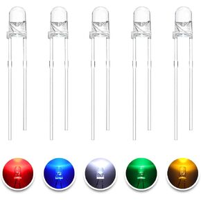 100pcs Super Bright 5mm LED Diode Lights Assortment 5 Colors x 20pcs Diodes (Clear Transparent Lens) Assorted Kit White Red Yellow Green Blue