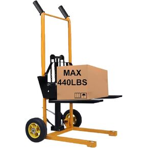 Small Manual Hydraulic Lifting Stacker, Portable Winch with Adjustable Forks and Fixed Legs, 440 Lbs Capacity Straight Wheel Truck, Suitable for Supermarket, Warehouse, and Household (Without Pallets)
