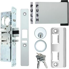 Adams Rite Style Latch Storefront Door Mortise Deadlatch Lock Exit Paddle Handle Kit w/Mortise Cylinder & Keys, Push Door to Left (Aluminum, 1-1/8'' Backset), SDWDLPHLH