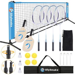 17ft Portable Badminton Net Pickleball Net Height Adjustable Kids' Volleyball Net Set for Backyard Beach Driveway Include 4 Aluminum Badminton Rackets + 2 Pickleball Paddles