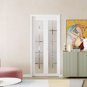 BARNER HOME Bi-Fold Doors, for 36in. x 80 in Opening, 1-lite Decorative Tempered Frosted Glass Panel with Hardware Kits, MDF, White Folding Doors