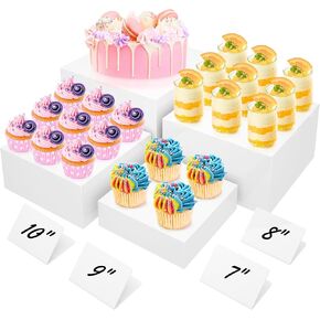 10" Large Buffet Risers with Mini Signs, Table Risers, Buffet Risers and Stands, Acrylic Cube Display Box Riser for Catering Party Buffet Table Food Display, Dessert, Cakes - White, Set of 4 Boxes