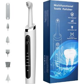 Professional Tooth Polisher with 5 Replacement Heads and Clean Mode, USB Charging, IPX6 Waterproof,Tooth Polishing Kit for Adults & Kids White.