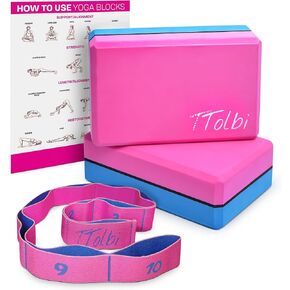 Yoga Blocks 2 Pack Kit with Dance Stretch Band & Guide: Non-Slip EVA Foam Block - Ideal Stretching Equipment for Home Workouts, Dance, Ballet, Gymnastics, Pilates, Exercise - Stretch Strap Stuff Props